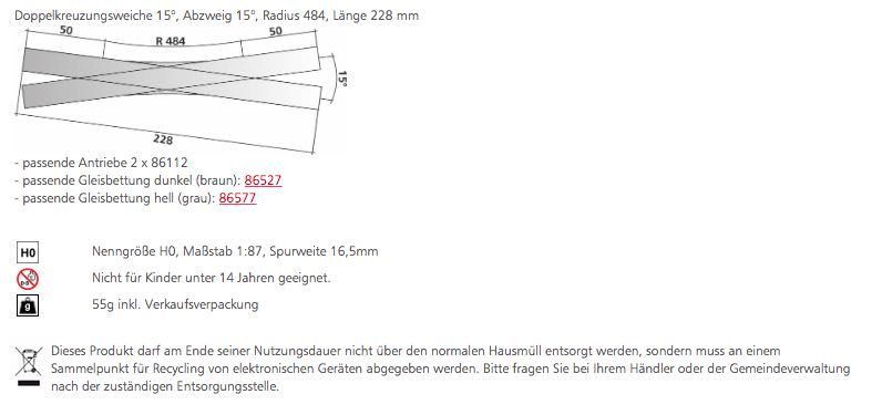 Tillig 85390 - Doppelkreuzungsweiche 15° Länge 228 mm H0/GL