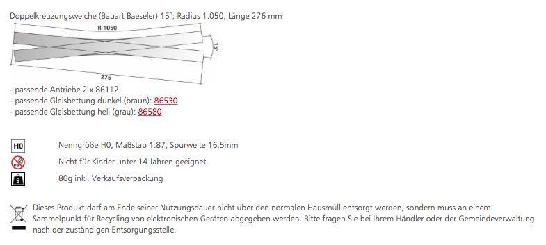 Tillig 85391 - Doppelkreuzungsweiche (Bauart Baeseler) 15° H0/GL