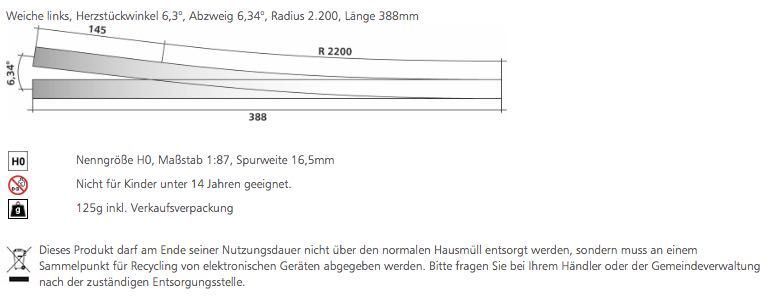 Tillig 85347 - Weiche links Herzstückwinkel 63° Länge 388mm H0/GL