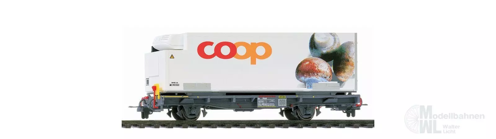 Bemo 2269110 - Containertragwagen Lb-v 7860 RhB mit Coop-Container Champignons H0m