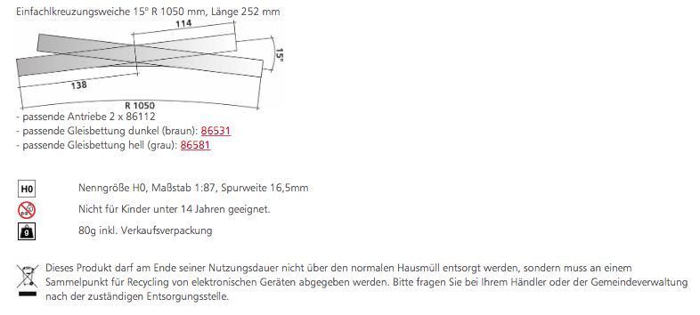 Tillig 85396 - Einfachkreuzungsweiche 15° R 1050 mm Länge 252 mm H0/GL