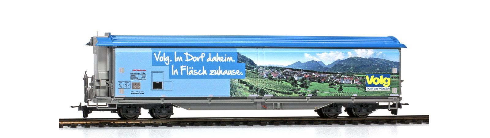 Bemo 2588168 - Schiebewandwagen RhB Haiqq-tuyz 5174 Volg Fläsch mittelblau H0/WS