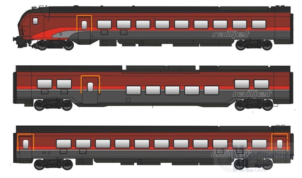 Jägerndorfer Modellbahn 11301 - Railjet Wagen Set DANI ÖBB Ep.VI 3.tlg. Basic H0/WS