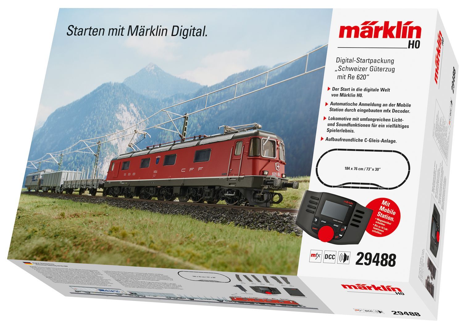 Märklin 29488 - Startpackung Schweizer Güterzug E-Lok RE 6/6 SBB Ep.VI und 3 Wagen H0/WS Sound