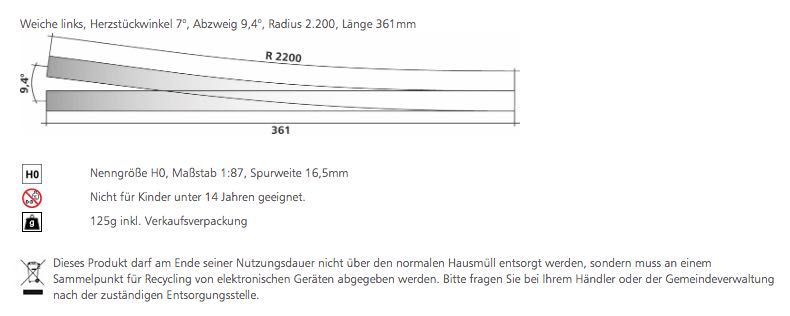 Tillig 85327 - Weiche links Herzstückwinkel 7° Länge 361mm H0/GL