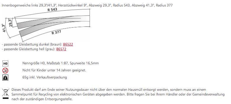 Tillig 85334 - Innenbogenweiche links 293°/413° Herzstückwinkel 9° H0/GL