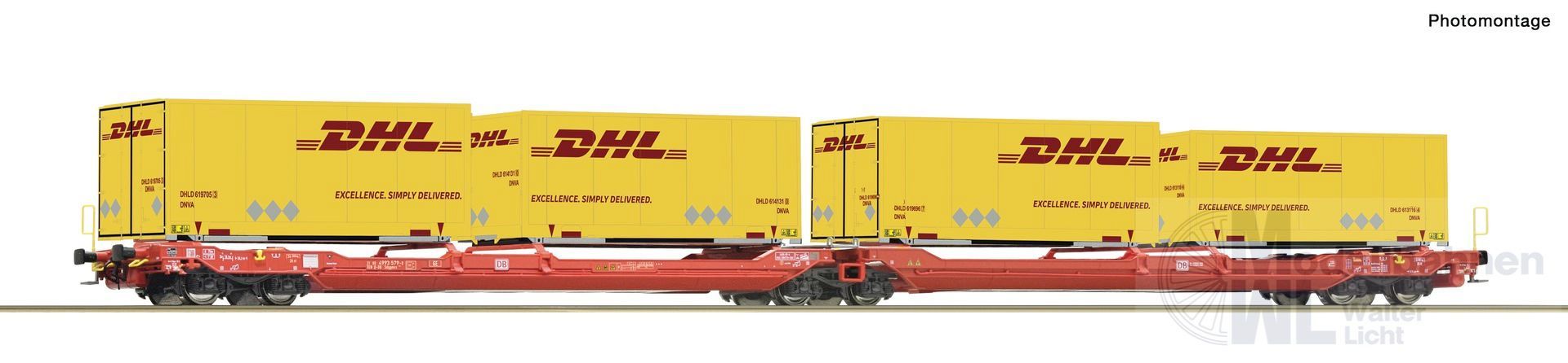 Roco 6600057 - Doppeltragwagen DB Ep.VI beladen mit 4 DHL Wechselcontainern H0/GL