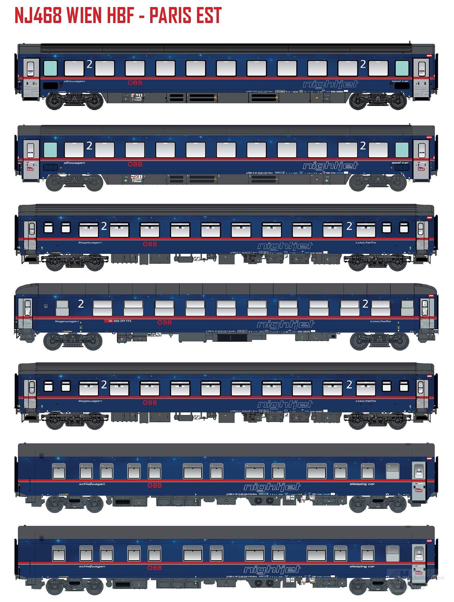 LS Models MW2201AC - Nachtzugwagen Set ÖBB Nightjet Ep.VI NJ468 7.tlg. H0/WS