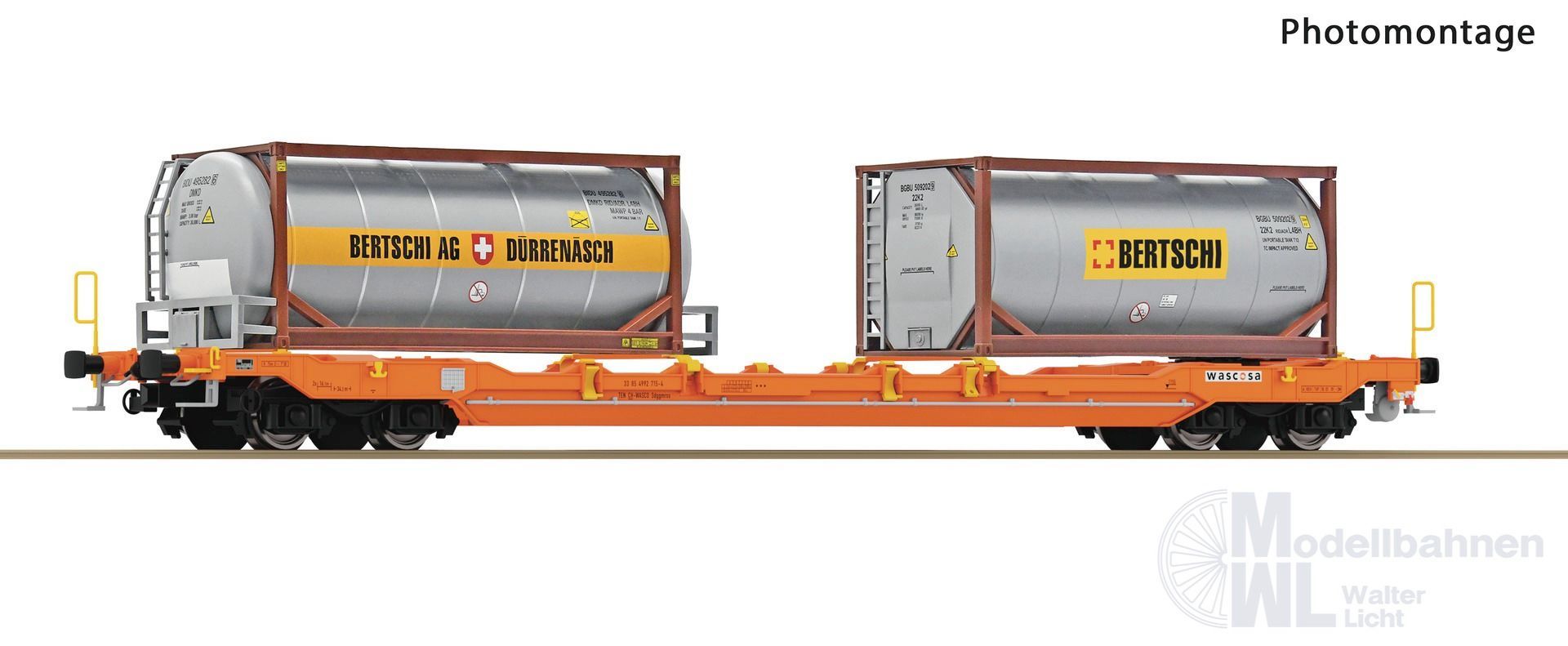 Roco 6600067 - Taschenwagen T5 Wascosa Ep.VI beladen mit 2 Tankcontainern Bertschi H0/GL