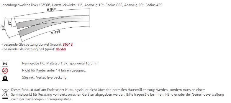 Tillig 85364 - Innenbogenweiche links 15°/30° Herzstückwinkel 11° H0/GL