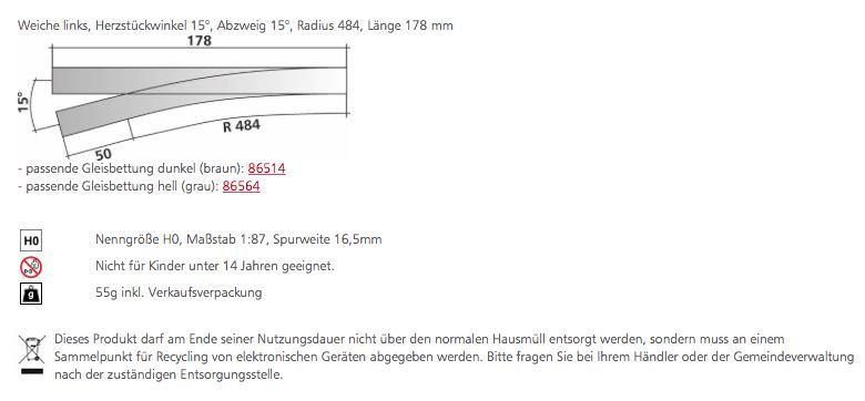 Tillig 85324 - Weiche links Herzstückwinkel 15° Länge 178 mm H0/GL