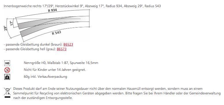 Tillig 85373 - Innenbogenweiche rechts 17°/29° Herzstückwinkel 9° H0/GL