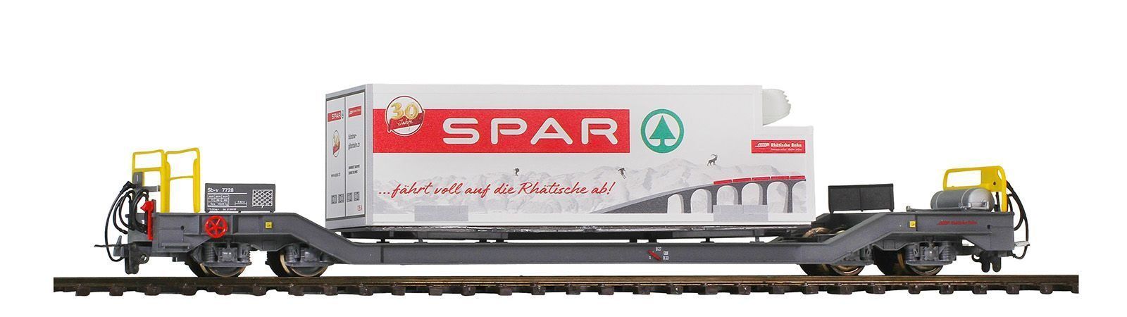 Bemo 2289118 - Tragwagen Sb-v 7728 RhB Ep.VI mit Container Spar Berge 125 A H0m