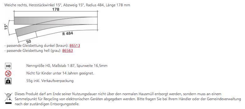 Tillig 85323 - Weiche rechts Herzstückwinkel 15° Länge 178 mm H0/GL