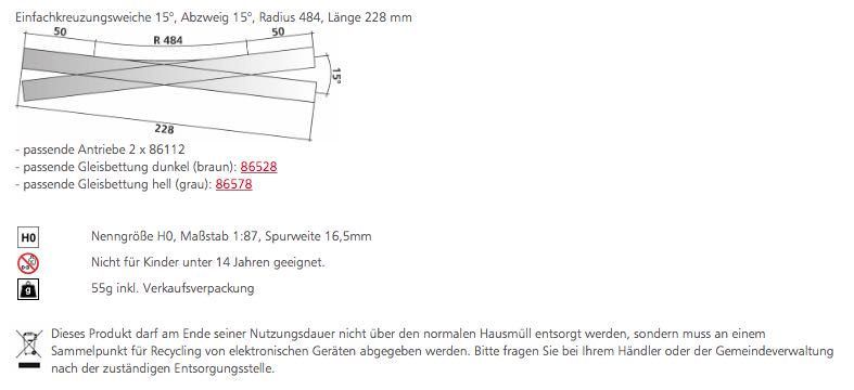 Tillig 85395 - Einfachkreuzungsweiche 15° Länge 228 mm H0/GL