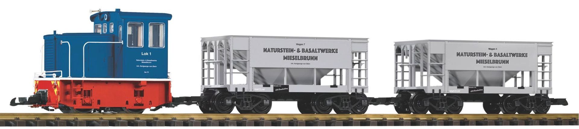 Piko 37151 - Start Set Werkbahn Diesellok GE 25T mit 2 Schüttgutwagen 230V Spur G 1:22